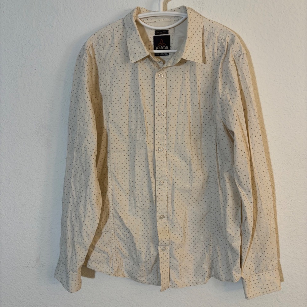 prAna Luka Shirt Men's L Cream Micro Print Organic Cotton Slim Fit Button Up